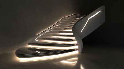 A futuristic staircase with neon lighting under each step, creating a glowing effect.