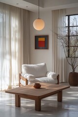 A modern living room interior photograph of a combination of minimalist, window-viewed Scandinavian interiors and japandi interiors with armchairs and wooden tables. Generative AI
