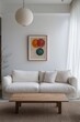 © TrendySpaces - Minimalist, with sofa and table. A living room photo of a japandi interior and a Scandinavian interior combination. Generative AI