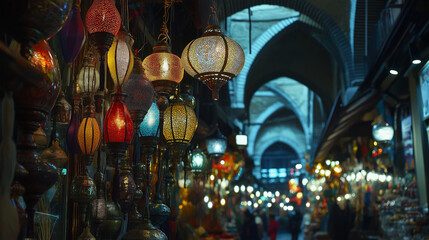 Vibrant lanterns and traditional crafts in a historic bazaar.