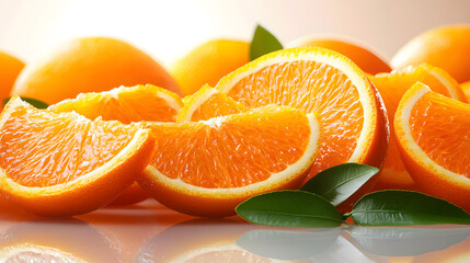 Sticker - Juicy orange slices and whole oranges with green leaves.  Fresh, vibrant, and healthy citrus fruits, perfect for summer recipes or healthy eating imagery.