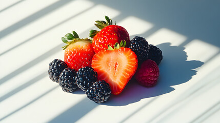 Canvas Print - Close-up of fresh strawberries, blackberries, and raspberries on a white surface, bathed in sunlight creating dramatic shadows.