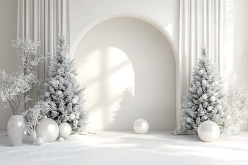 Wall Mural - A white wall with a white arch and curtains, white vases of flowers, christmas trees, ball on the floor, a minimalist interior design.