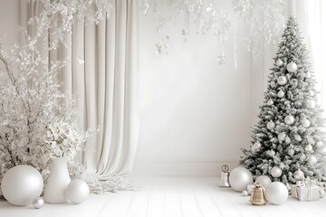 Wall Mural - A white wall with a white arch and curtains, white vases of flowers, christmas trees, ball on the floor, a minimalist interior design.