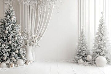 Wall Mural - A white wall with a white arch and curtains, white vases of flowers, christmas trees, ball on the floor, a minimalist interior design.