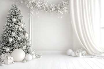 Wall Mural - A white wall with a white arch and curtains, white vases of flowers, christmas trees, ball on the floor, a minimalist interior design.