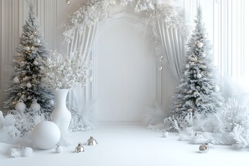 Wall Mural - A white wall with a white arch and curtains, white vases of flowers, christmas trees, ball on the floor, a minimalist interior design.