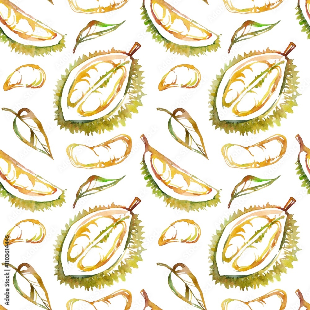 Durian Pattern Design Handcrafted watercolor durian pattern with vibrant green, yellow, and ...