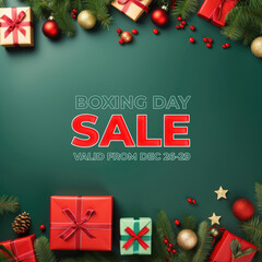 Wall Mural - boxing day sale poster with top view of christmas elements decorated on green background.
