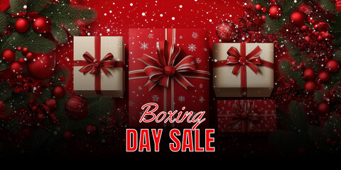 Wall Mural - boxing day sale banner with top view of gift boxes surrounded by baubles and fir leaves on red snowf