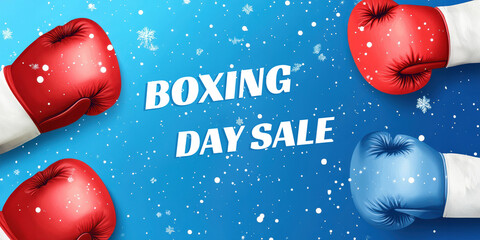Wall Mural - boxing day sale banner with gloves on blue snowfall background for advertising.