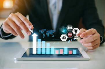 Wall Mural - business data analysis of digital growth marketing financial technology and economic for company swo