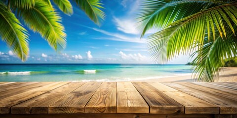 Wall Mural - Top view of wooden table with serene seascape and palm tree in blurred background of tropical beach , beach, tropical, wood table, seascape