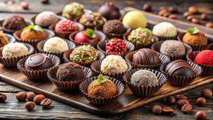 Wall Mural - Assorted chocolate truffles with rich fillings, perfect for indulging in a variety of flavors, chocolate, truffles