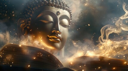 Sticker - Buddhas peaceful face emerging above an open book, with mystical lights and smoke swirling around