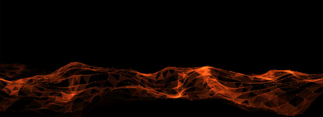 Vector orange wave with motion dots and lines. Abstract digital background. Concept connection big data. Futuristic technology backdrop.