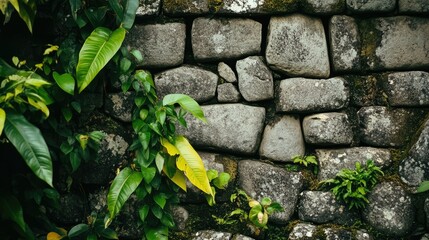 Wall Mural - Close-up of perfectly fitted stones in Machu Picchu's iconic walls, framed by vibrant tropical foliage