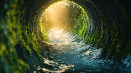 Canvas Print - Close-up of water flowing smoothly inside a moss-covered concrete pipe in soft sunlight