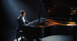 © Gorodenkoff - Masterful Music Artist Performing on a Dark Empty Stage, His Hands Moving Effortlessly Over the Grand Piano. Sophisticated Musician Brings a Dramatic and Emotional Composition to Life