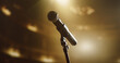 © Gorodenkoff - Close Up of a Microphone at a Night Concert. Music Artist Preparing to Take the Stage, Sing Popular Hit Songs to Entertain a Loving Adoring Crowd of Fans and Spectators in the Audience