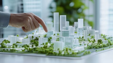 Poster - sustainability development goals concept. A hand points at a detailed architectural model of a modern city, featuring glass buildings and greenery.
