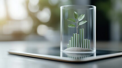 Poster - sustainability development goals concept. A digital illustration of a plant growing inside a glass container, symbolizing innovation, sustainability, and growth in a modern tech environment.