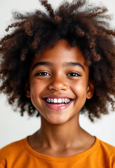 Wall Mural -  Cheerful portrait of a smiling African American child with braces on a white background.