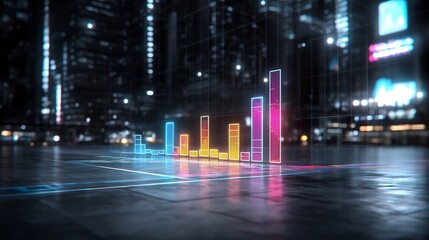 Aufkleber - Vibrant Combination of Line Charts and Stacked Bar Graphs on a Futuristic Grid Background with Glowing Elements for Strategic Data Analysis and Insights