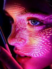 Wall Mural - Person holding a phone to their face for facial recognition at night, illuminated by screen