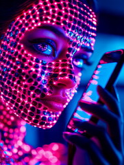 Wall Mural - Person holding a phone up to their face for facial recognition in a well-lit room, everyday security