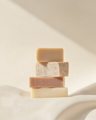 a minimalist still life photograph of five different types of soap, stacked on top of each other in 