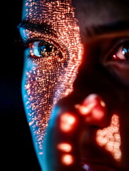 Wall Mural - Personâ€™s face close-up as they unlock a phone with facial recognition, illuminated by screen light