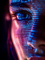 Wall Mural - Personâ€™s face close-up as they unlock a phone with facial recognition, illuminated by screen light