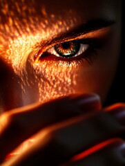 Wall Mural - Personâ€™s face close-up as they unlock a phone with facial recognition, illuminated by screen light