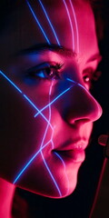 Wall Mural - Personâ€™s face illuminated by phone screen while using facial recognition, close-up