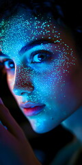 Wall Mural - Personâ€™s face illuminated by phone screen while using facial recognition, close-up