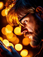 Wall Mural - Profile view of a man using facial recognition on his smartphone, illuminated by screen