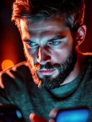 Wall Mural - Profile view of a man using facial recognition on his smartphone, illuminated by screen
