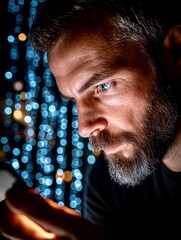 profile view of a person unlocking a phone with facial recognition, illuminated face