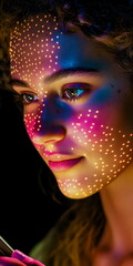 Wall Mural - Profile view of person using facial recognition on their phone, illuminated by screen