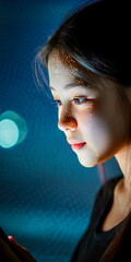 Wall Mural - Profile view of person using facial recognition on their phone, illuminated by screen