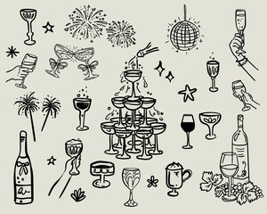 Beautiful whimsical style hand drawn, party elements with alcohol,cocktails and drinks vector set