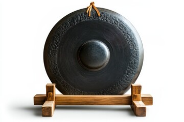 Front view of a classic Asian gong on a white backdrop