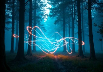magical light trails dance among trees in a misty forest at dusk