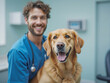 © Cozy Coffee Bar - Veterinarian smiling and holding a golden retriever in veterinary clinic