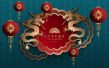 Wall Mural - Happy Chinese New Year, gold glitter dragons, textured turquoise composition.