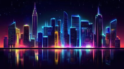 Wall Mural - Neon Cityscape Reflecting in Still Water at Night