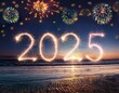 Celebrando 2025 com cores, alegria, glitter e confetes, Feliz ano novo. Feliz 2025. Praia. Virada na praia
