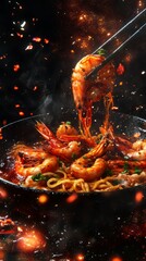 Wall Mural - spicy shrimps udon ramen noodle tom yum goong japanese fusion food style : generative ai. chinese fo