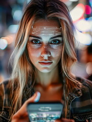 Wall Mural - Woman unlocking her phone with facial recognition in a busy area, close-up on secure access